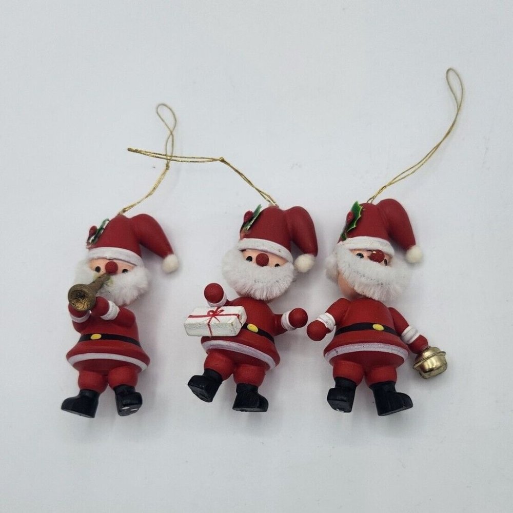 Vintage 3 Santa Wooden Made In Germany Christmas Ornaments 3" Tall